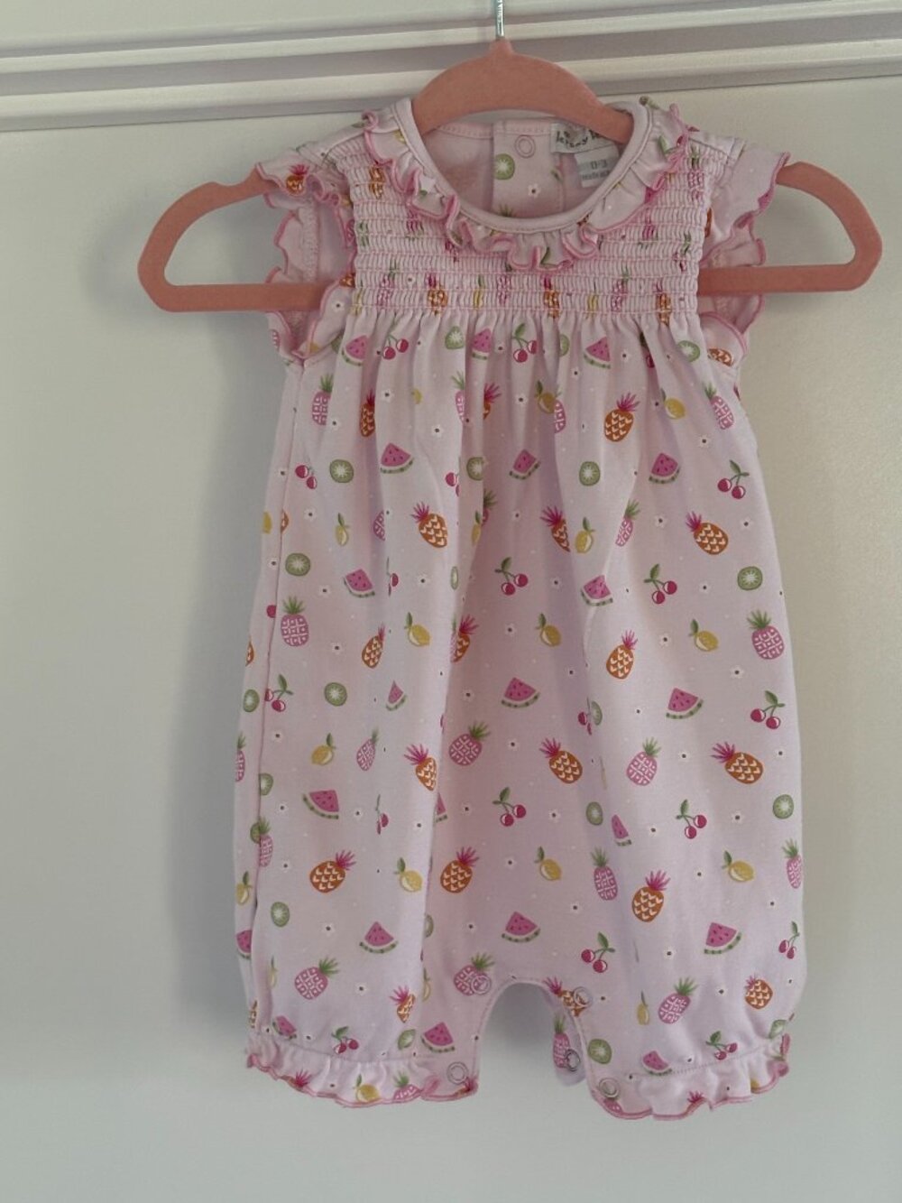 Kissy Kissy Tutti Frutti Fruit Print Ruffle Sunsuit Bubble Romp Pima Cotton, 0-3